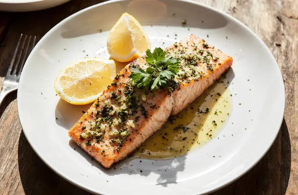Plated Anchovy-Garlic Butter Salmon garnished with fresh lemon wedges and parsley
