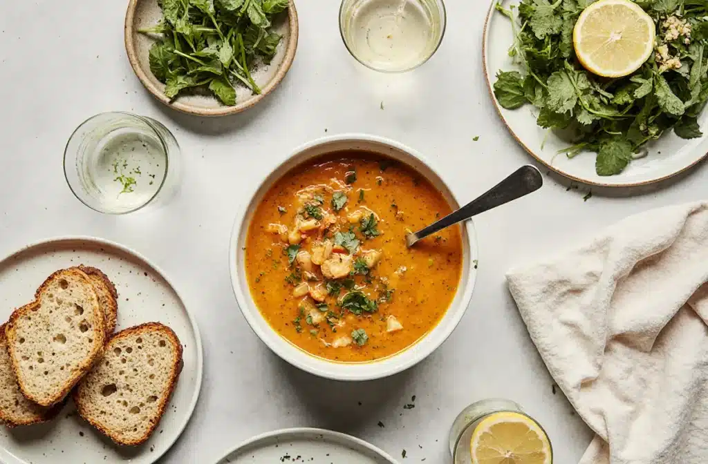 Serving-Suggestions-for-Vegetable-Soup Creamy vegetable soup served with crusty bread, crackers, and side salad.