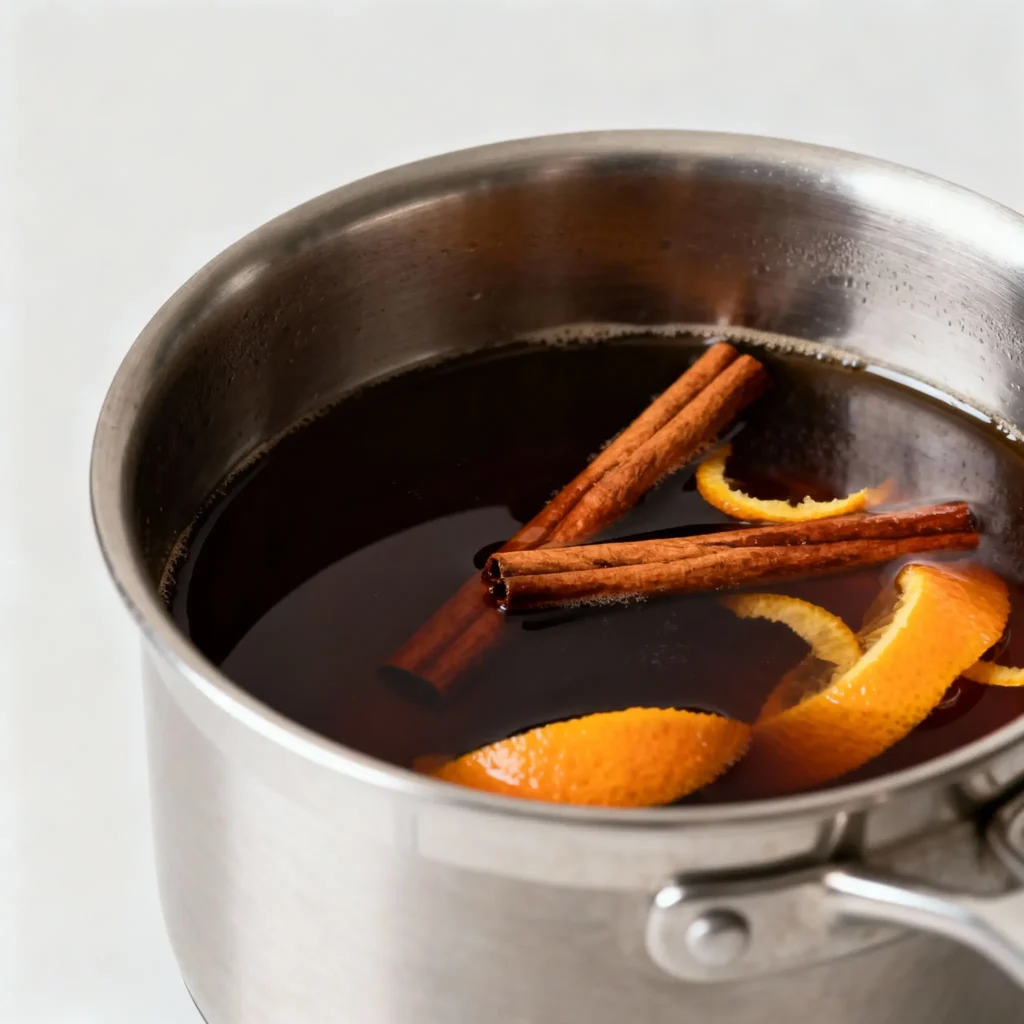 A close-up of dark piloncillo syrup gently bubbling in a modern stainless steel pot with cinnamon sticks floating on top.