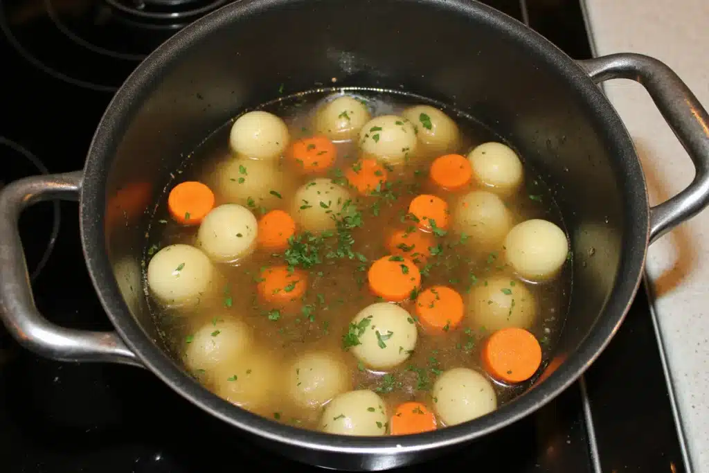 Simmering-Creamy-Vegetable-Soup Pot with simmering potato, carrot, and herb vegetable soup on stove.