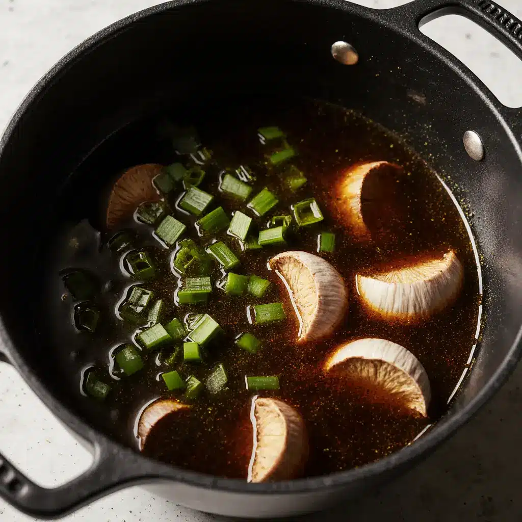 Soy Sauce Marinade for Eggs Soy sauce marinade with garlic and ginger in a pot