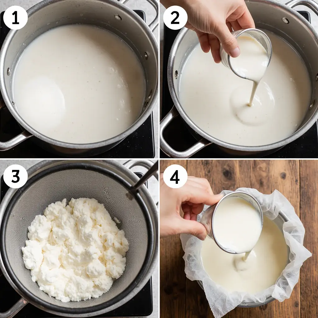 Collage of step-by-step photos demonstrating homemade ricotta cheese making: heating milk and cream, adding acid, curd formation, pouring into cheesecloth strainer, and straining ricotta.
