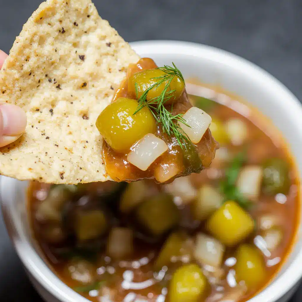 The Irresistible Crunch of Pickle de Gallo Macro shot of a tortilla chip scooping up diced pickle salsa.