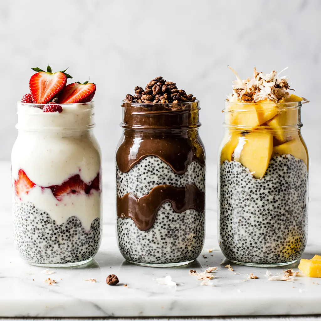 coconut-chia-pudding-flavor-variations-display Three coconut chia seed pudding variations - vanilla, chocolate, and tropical flavors in glass jars with toppings