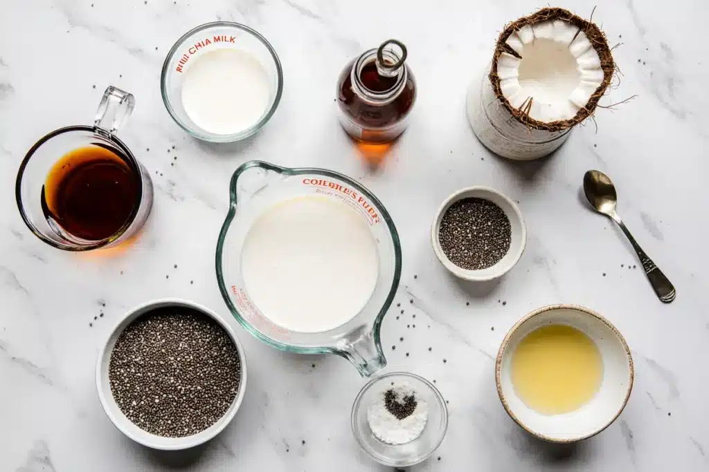 coconut-chia-pudding-ingredients Coconut chia seed pudding ingredients including chia seeds, coconut milk, maple syrup and vanilla extract on white background