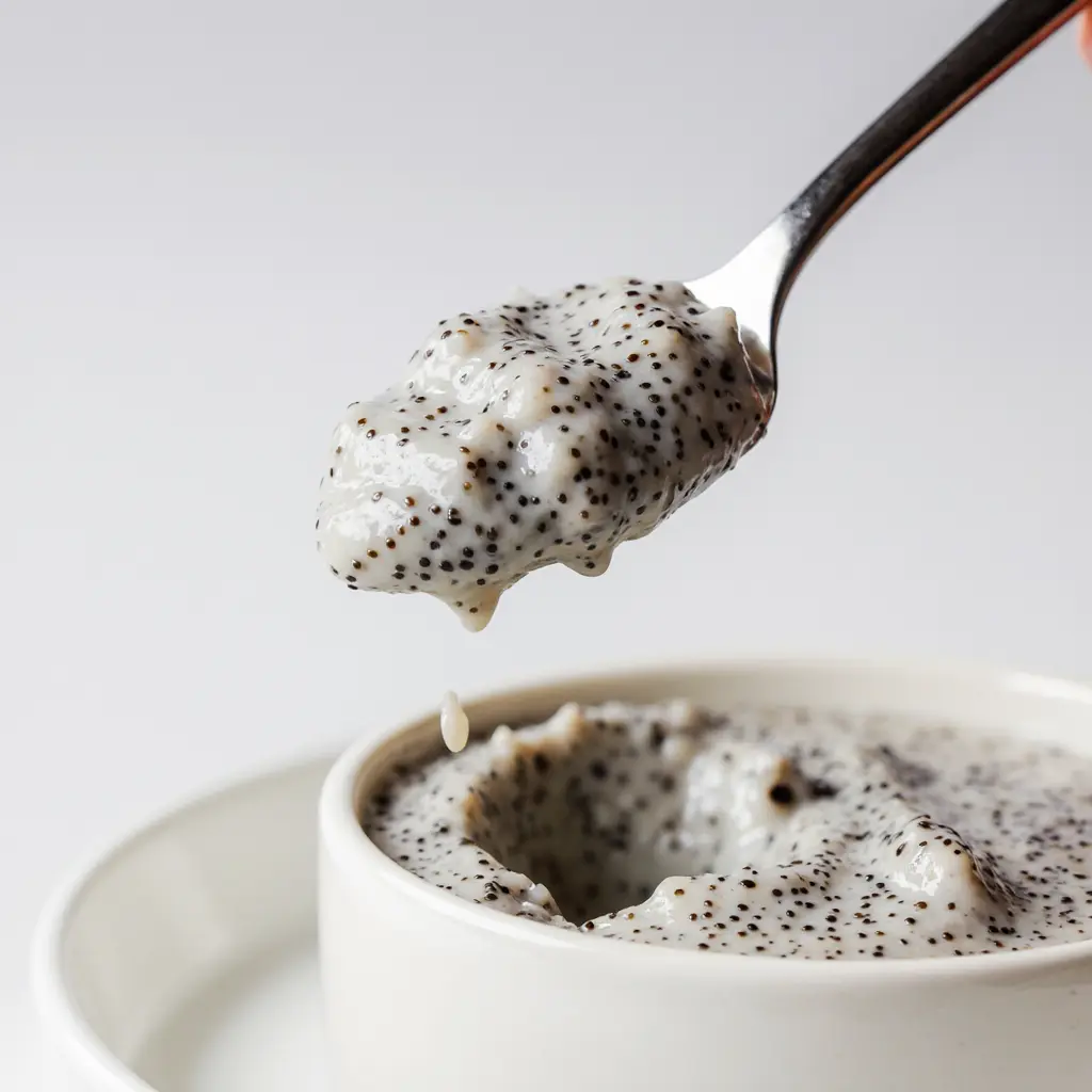 coconut-chia-pudding-perfect-texture coconut chia seed pudding showing perfect gel texture with expanded chia seeds and creamy consistency