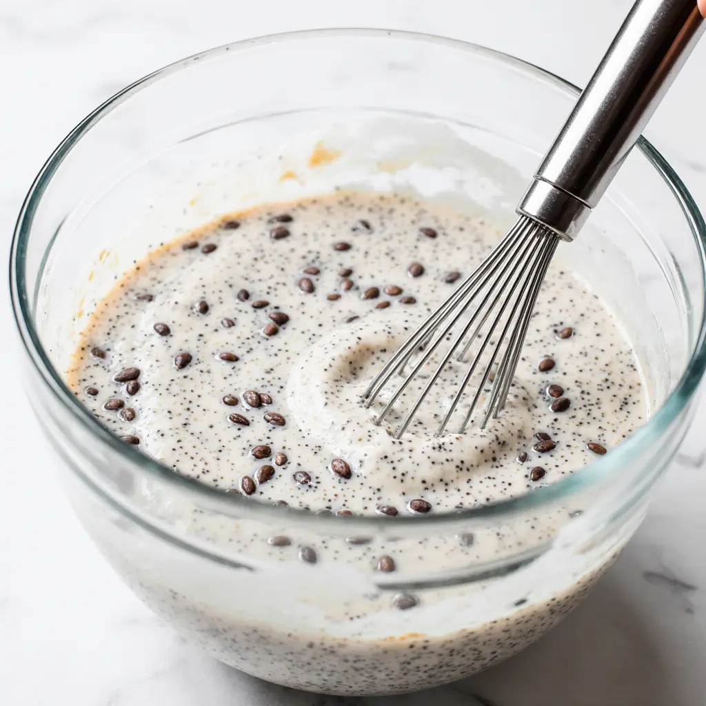 making-coconut-chia-pudding-mixing-process Whisking coconut chia seed pudding mixture in glass bowl showing proper mixing technique for smooth texture