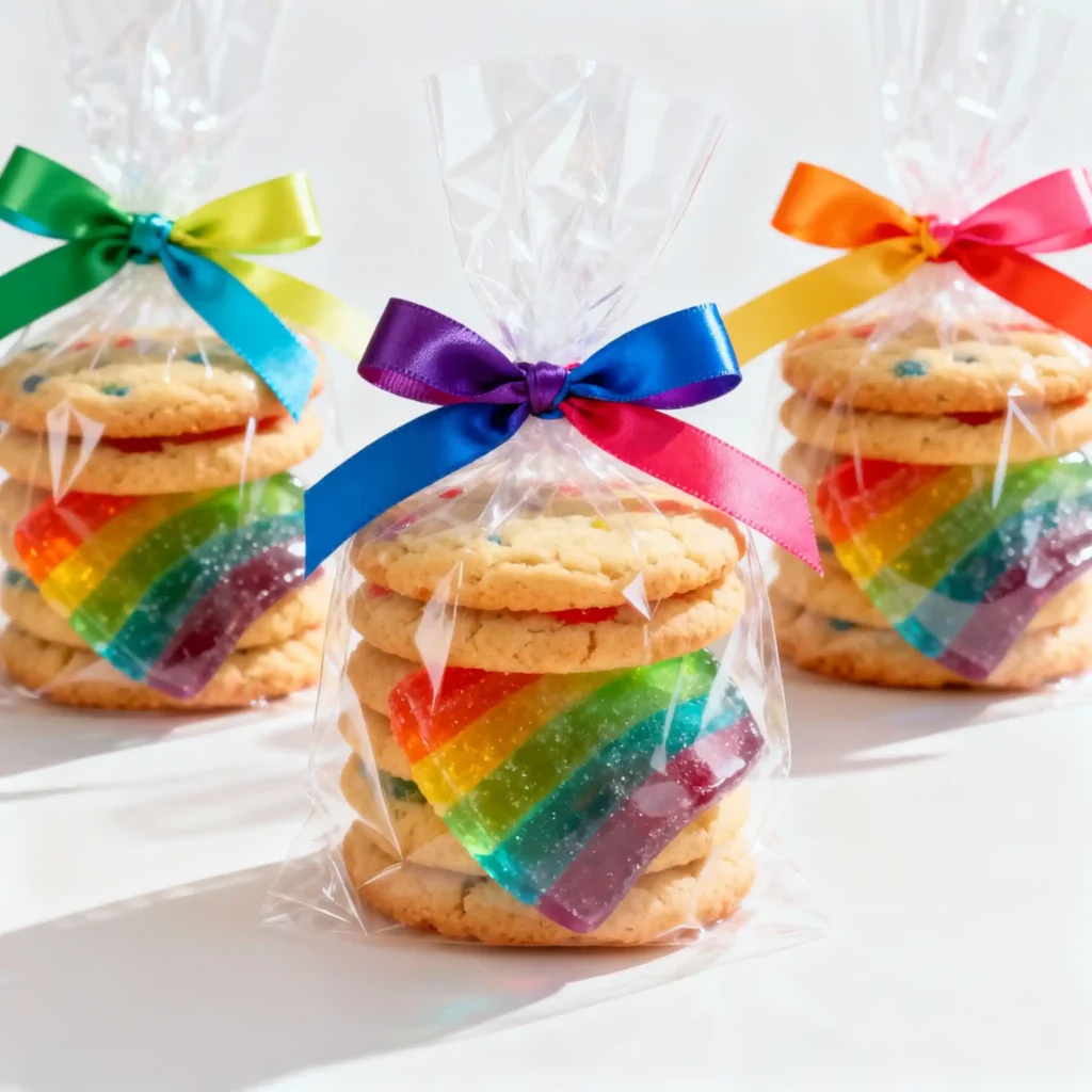 Gift bags of Rainbow Jello Sugar Cookies with ribbons