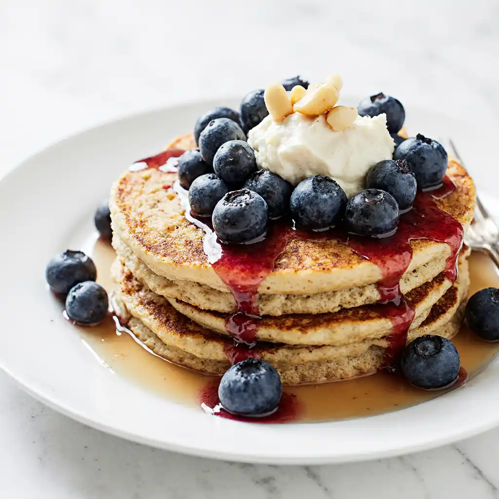 Gluten-free macadamia pancakes topped with berries and macadamia butter
