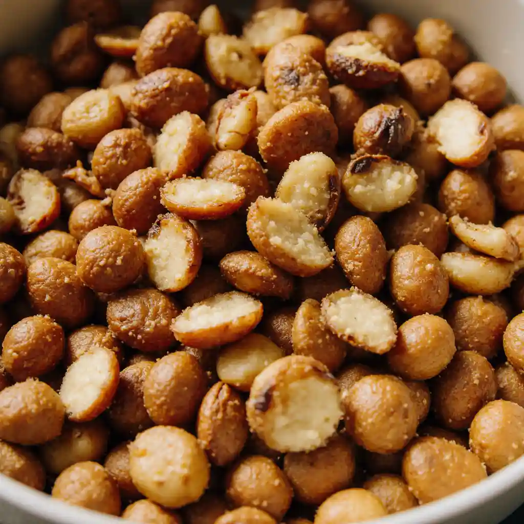 Toasted macadamia nuts - golden brown chopped nuts ready for pancake batter