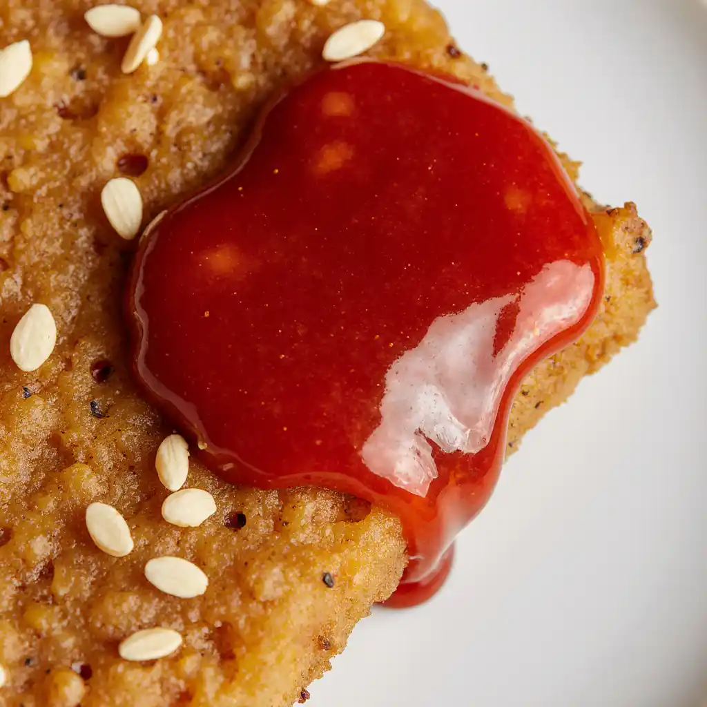 Macro close‑up of glossy red glaze on a crispy bite