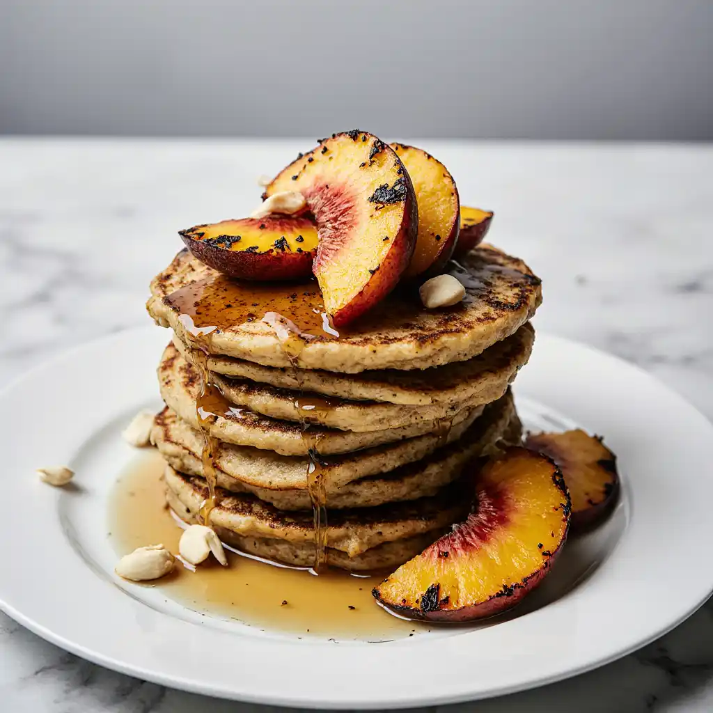 Macadamia pancakes with grilled fruit - caramelized peaches and nectarines