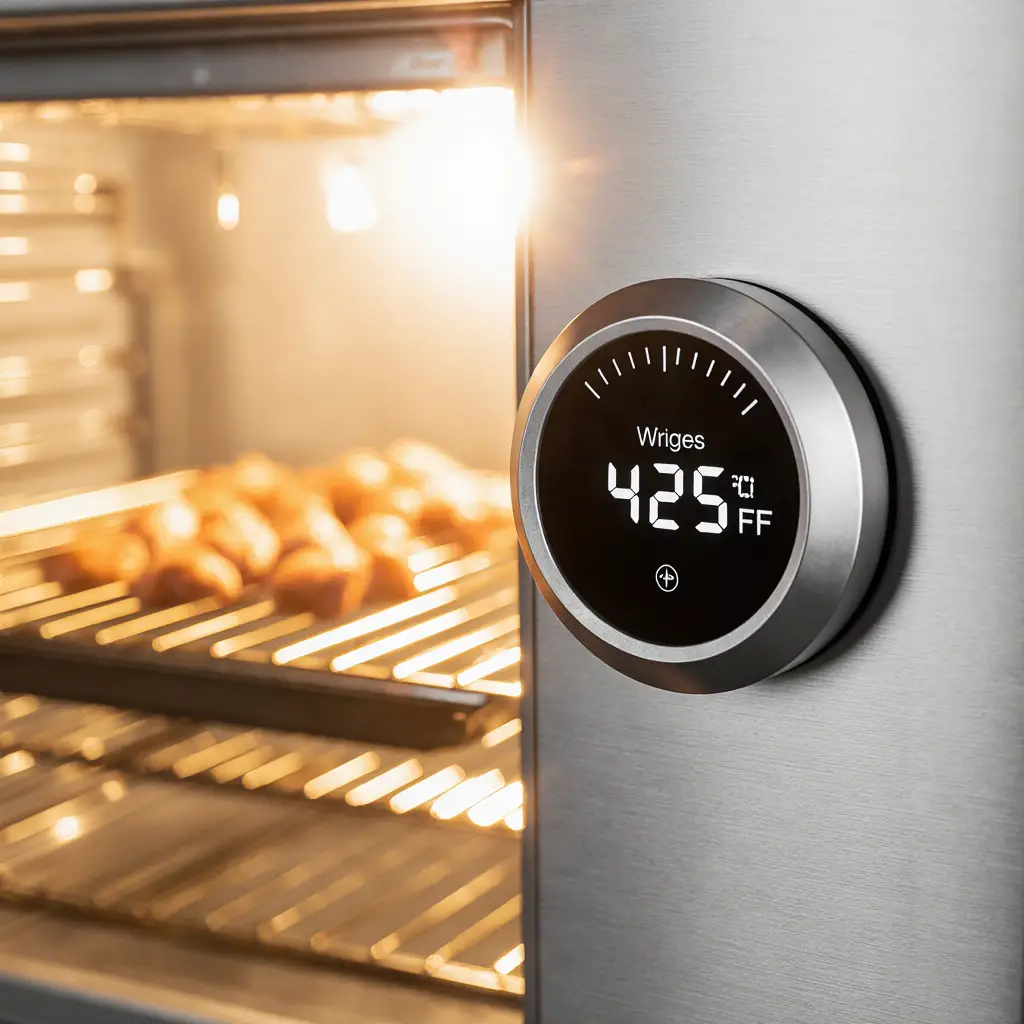 oven thermometer showing 425 degrees fahrenheit for crispy baked chicken wings