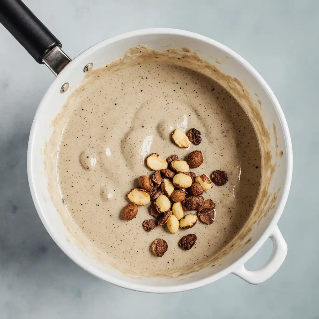 Macadamia pancake batter - lumpy mixture with chopped toasted macadamias folded in