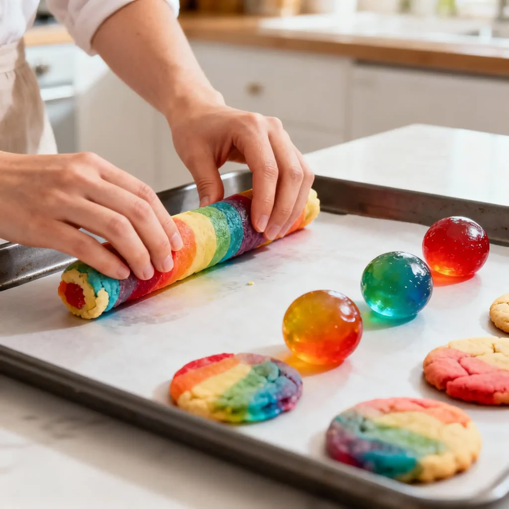 Rolling rainbow dough balls for Jello Sugar Cookies