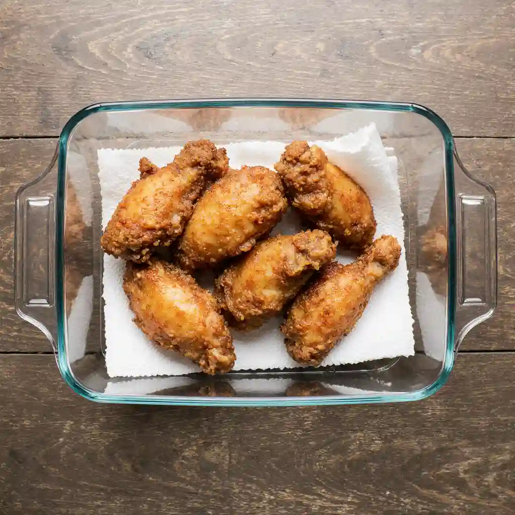 leftover crispy baked chicken wings in airtight container with paper towel