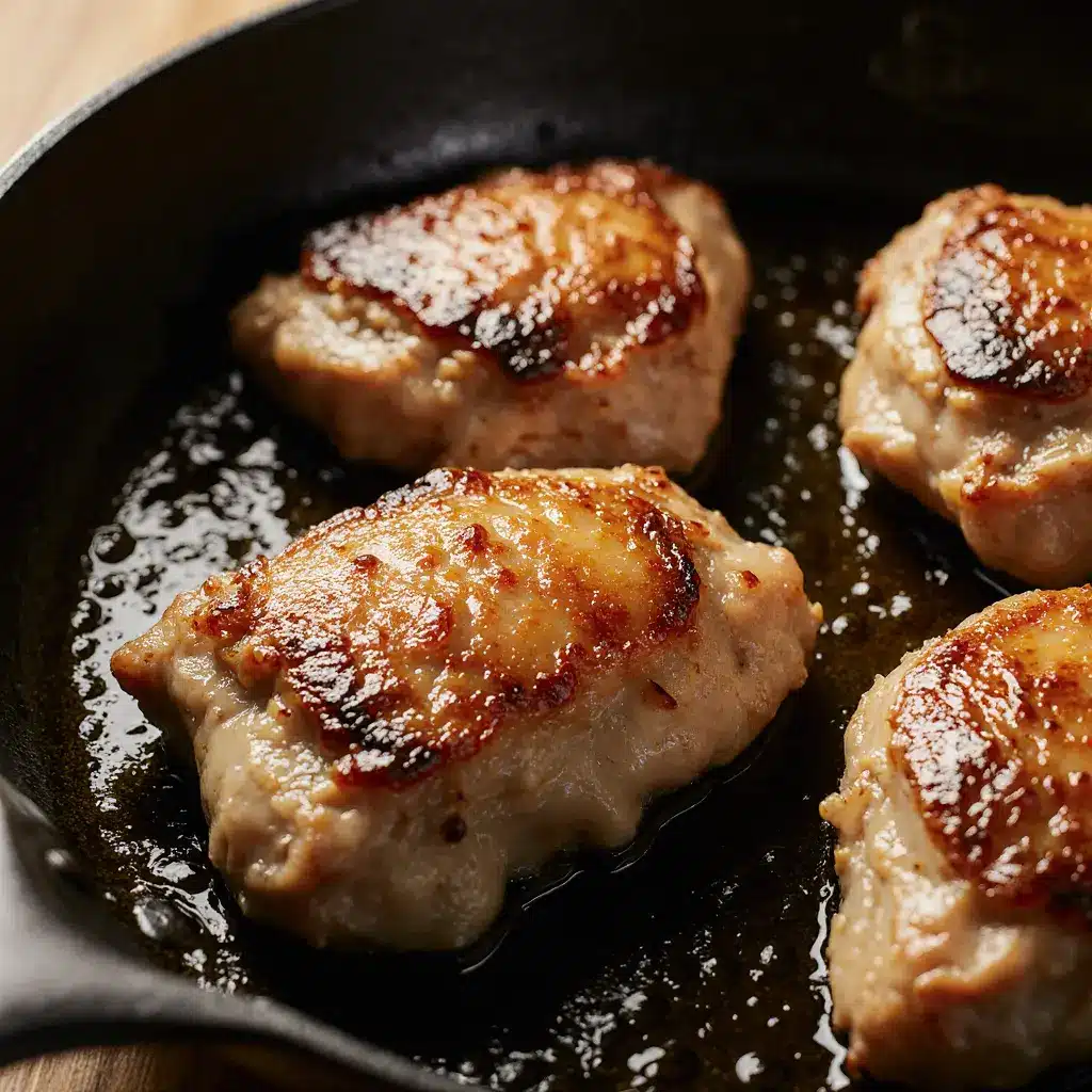 Chicken thighs searing in skillet, golden brown