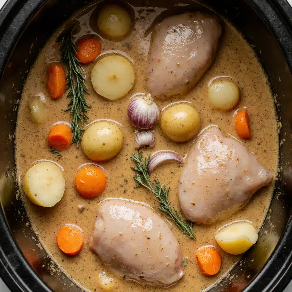 creamy slow cooker chicken stew  key ingredients arranged closely