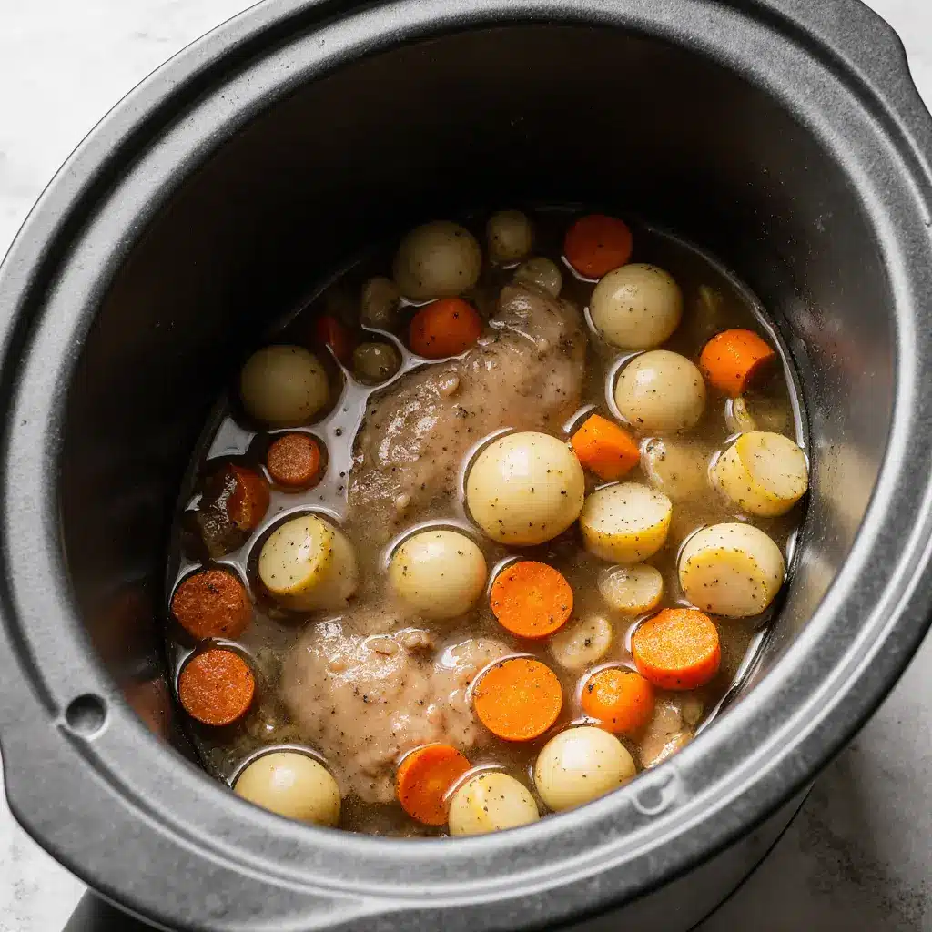 Layered chicken and vegetables in slow cooker insert