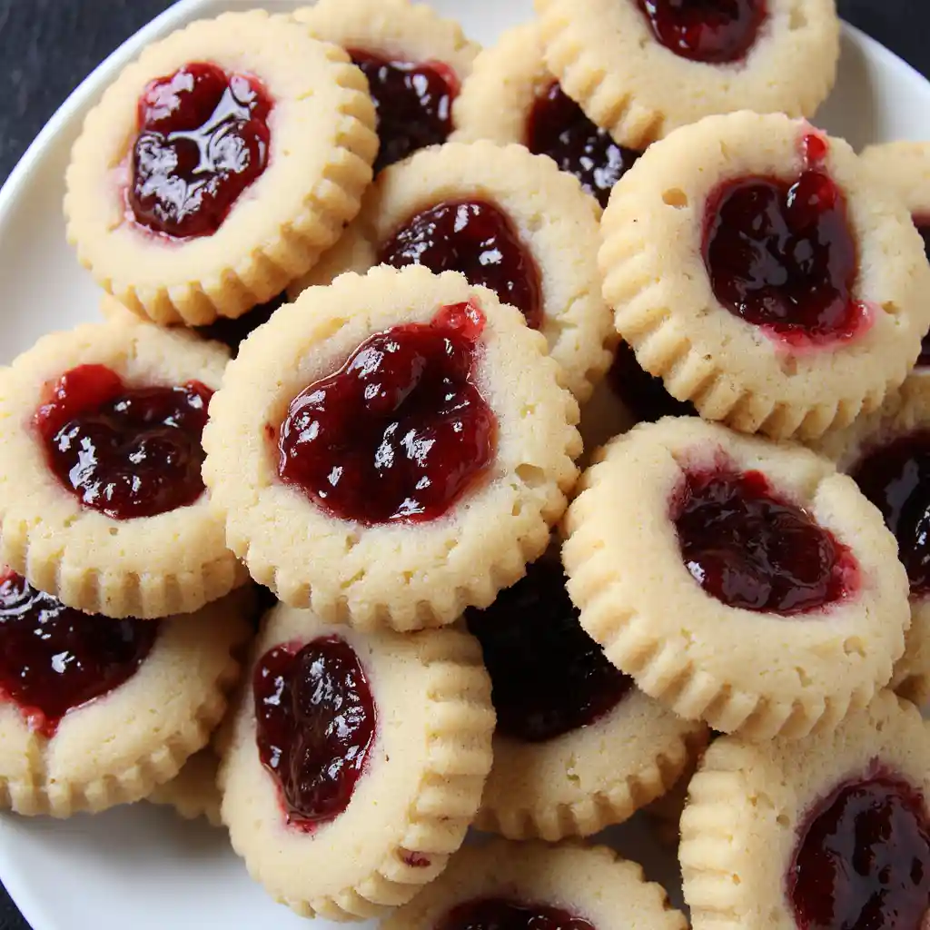 Traditional thumbprint cookies filled with raspberry jam, representing the origins of this classic treat
