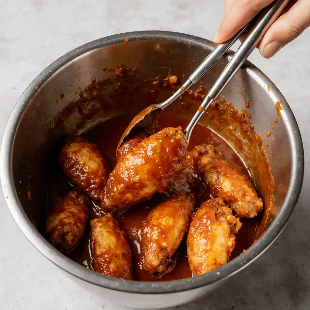 crispy baked chicken wings being tossed in buffalo sauce in mixing bowl