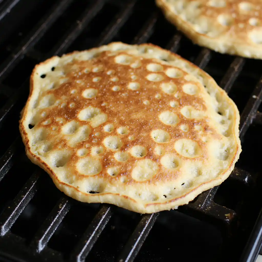 Cooking macadamia pancakes on griddle - golden pancakes with bubbles forming on surface