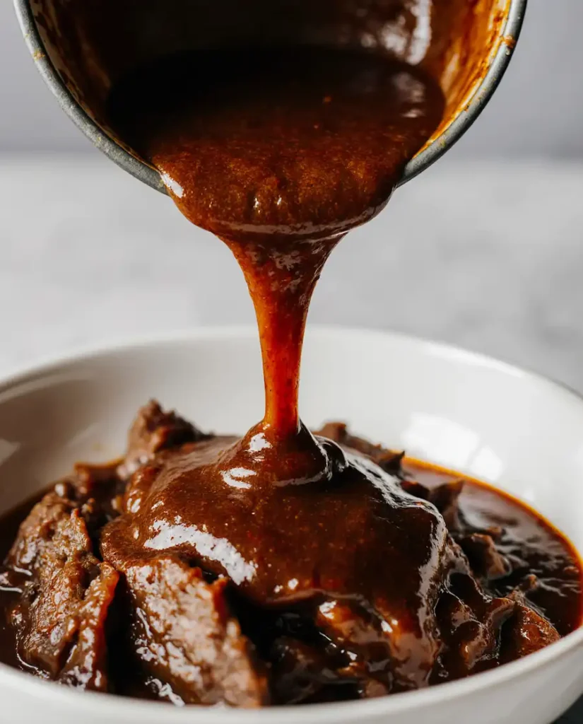 Pouring homemade adobo sauce over beef to make the consomé for a birria ramen recipe.