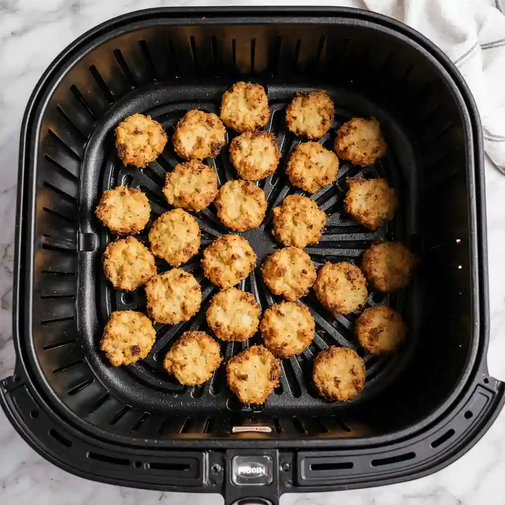 Evenly spaced marinated bites in an air fryer basket