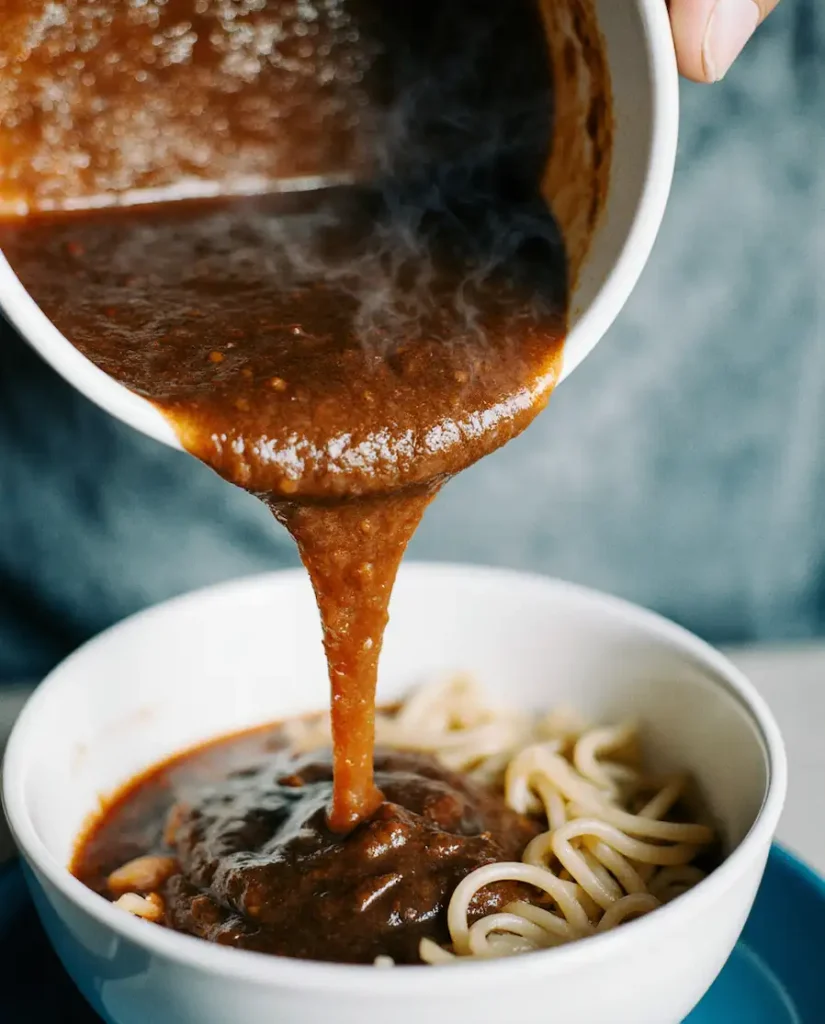 hot birria consomé over noodles to assemble the birria ramen recipe.