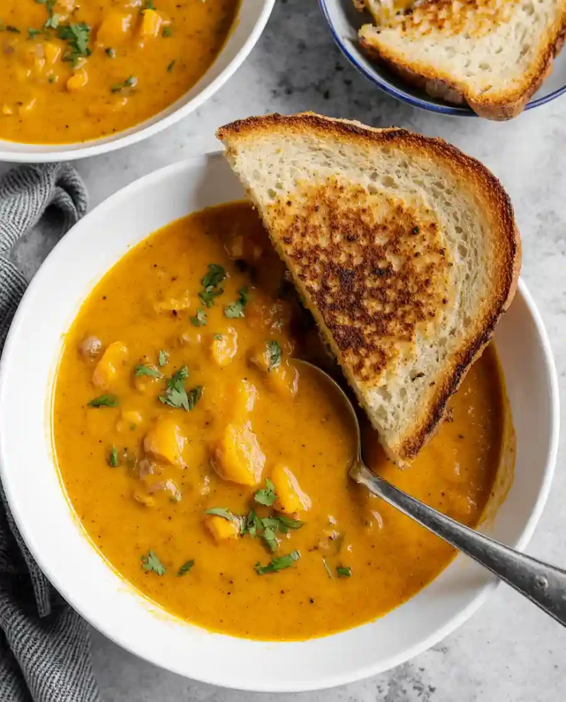 A bowl of autumn squash soup served with a perfectly gooey grilled cheese sandwich.