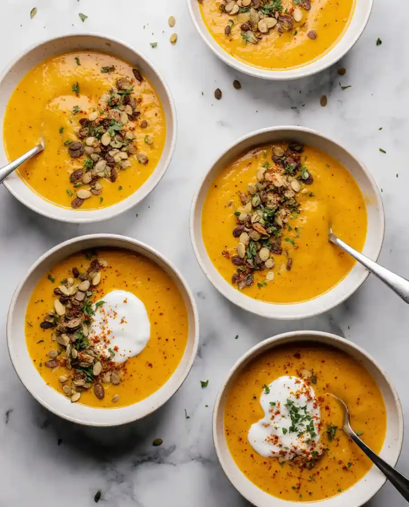 Several bowls of autumn squash soup with different garnishes, showing customization options.