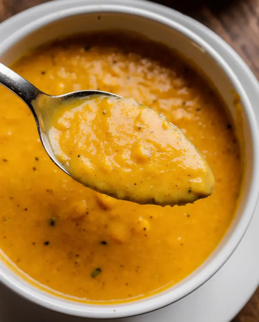 spoonful of creamy autumn squash soup, showing its perfect texture.