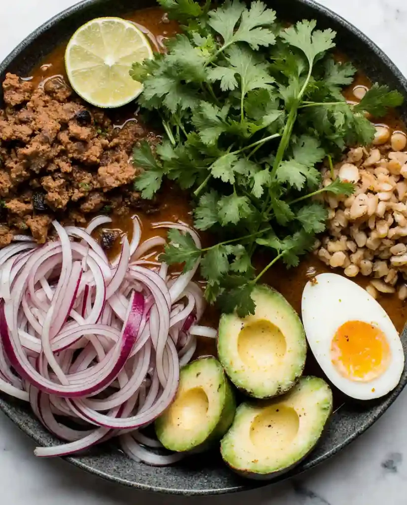 Toppings for the birria ramen recipe, including onion, cilantro, lime, and soft-boiled eggs.