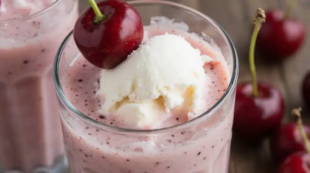 cherry-cream-soda-float-recipe A cherry cream soda float with a large scoop of vanilla ice cream.