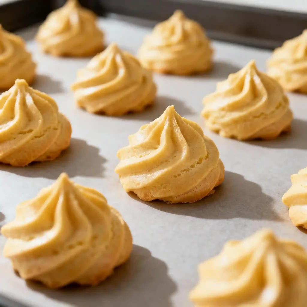 Raw choux pastry for the pistachio ganache cream puffs