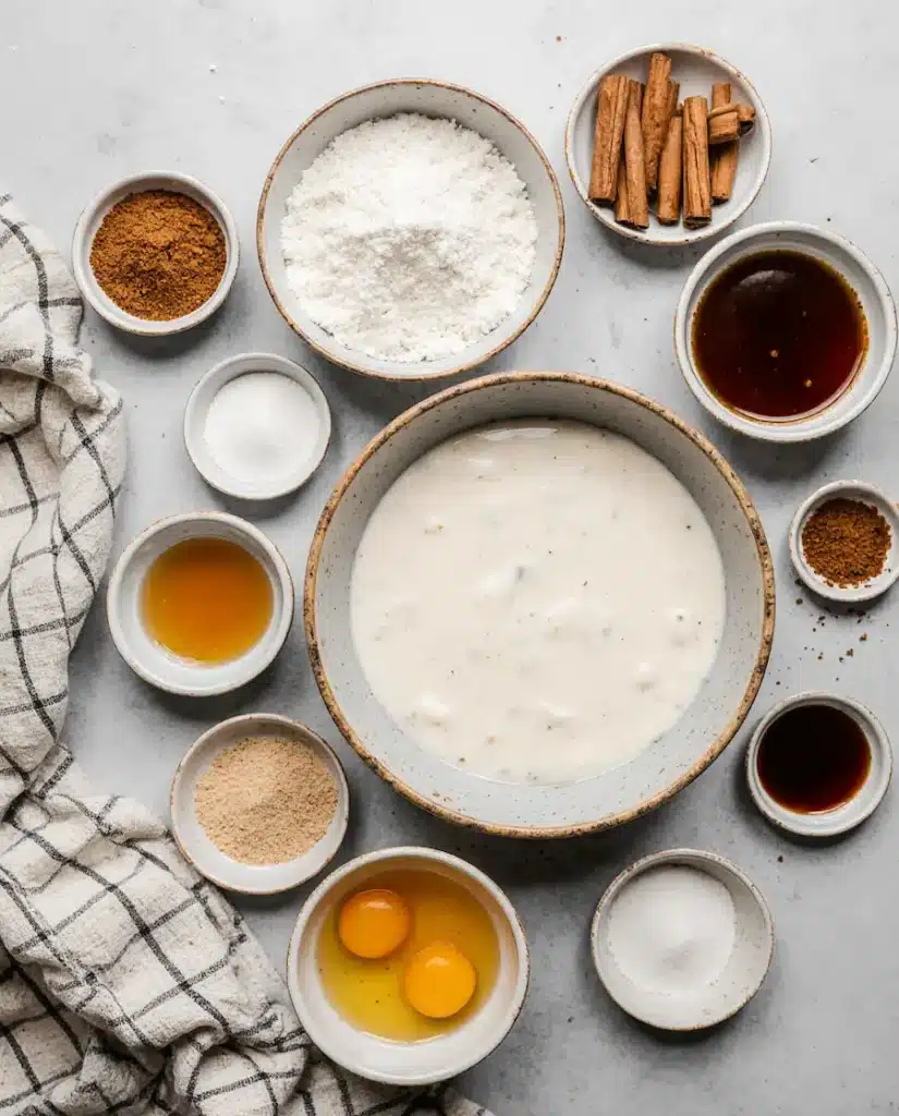 Ingredients for Cinnamon Roll Cake Donuts recipe laid out on a counter.