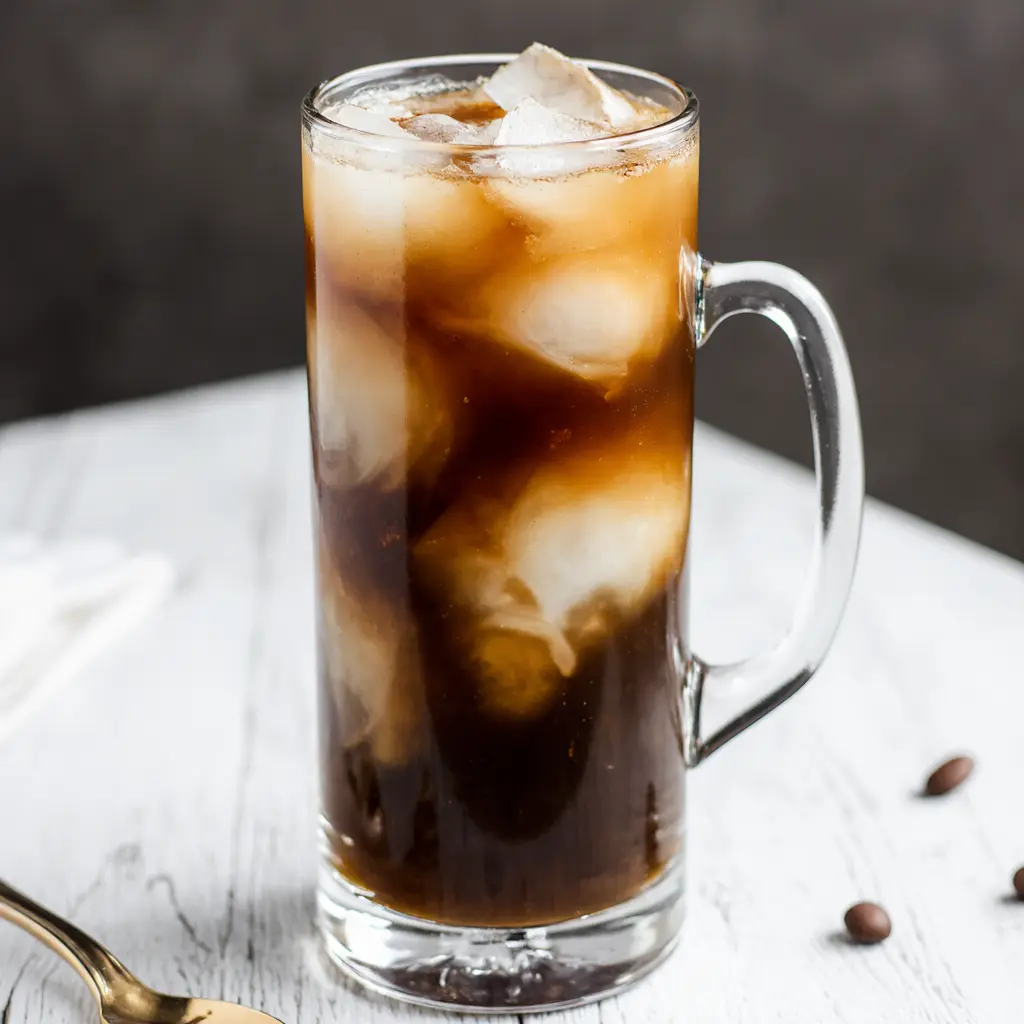 Iced coffee with dissolved gelatin creating creamy protein latte in tall glass