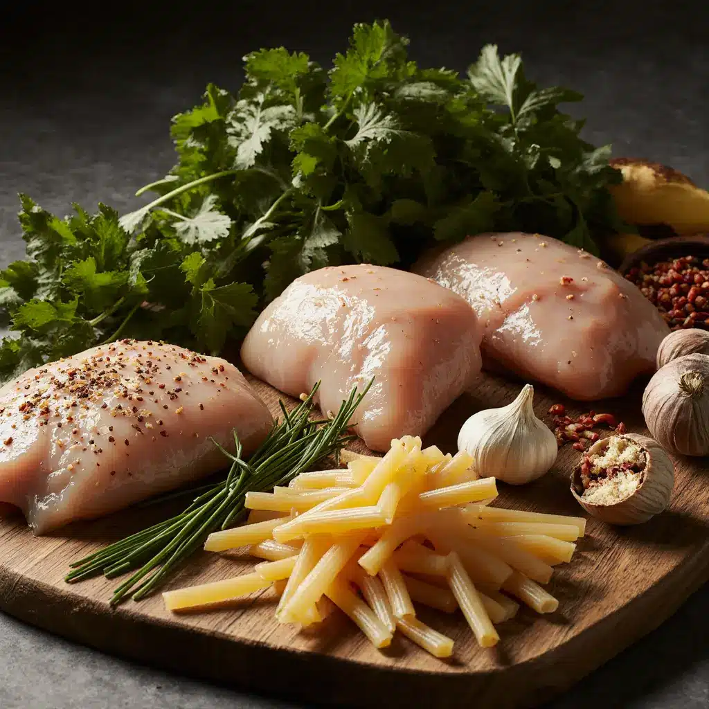 Ingredients for the cowboy butter chicken linguine recipe, including chicken, pasta, and spices.