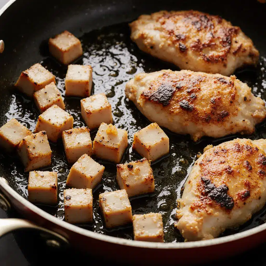 Cubed chicken searing in a skillet for the cowboy butter chicken linguine recipe
