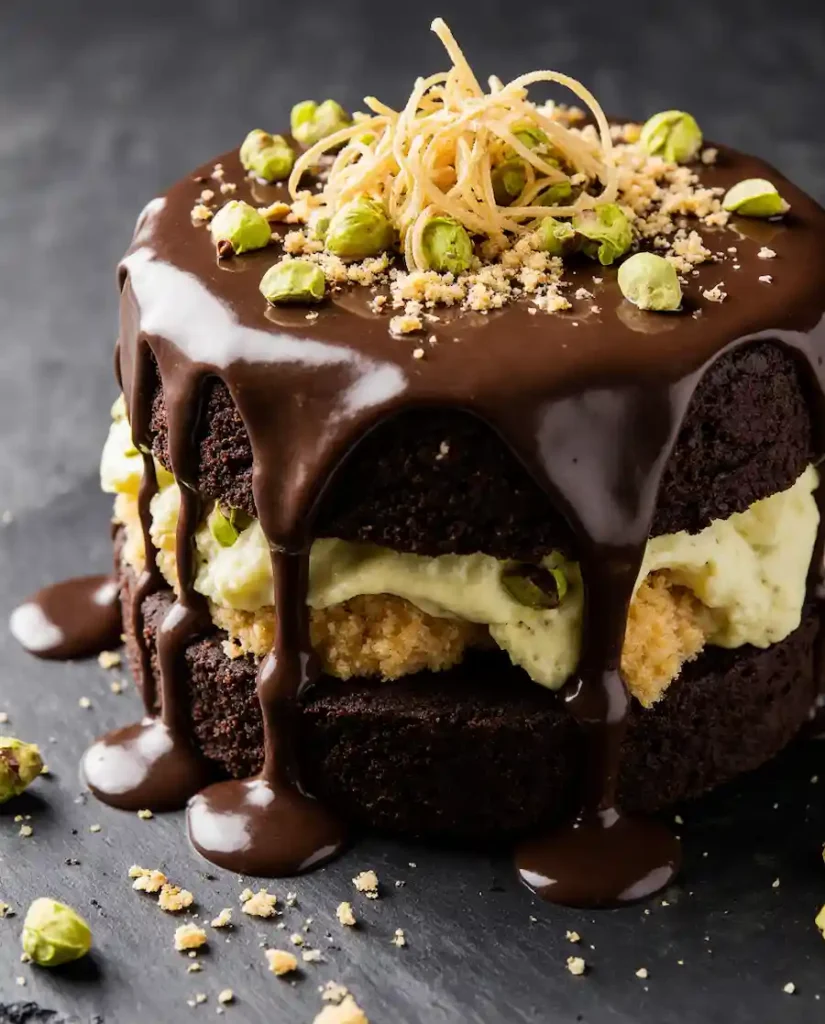 Dubai chocolate pistachio cake recipe with kataifi filling and chocolate ganache