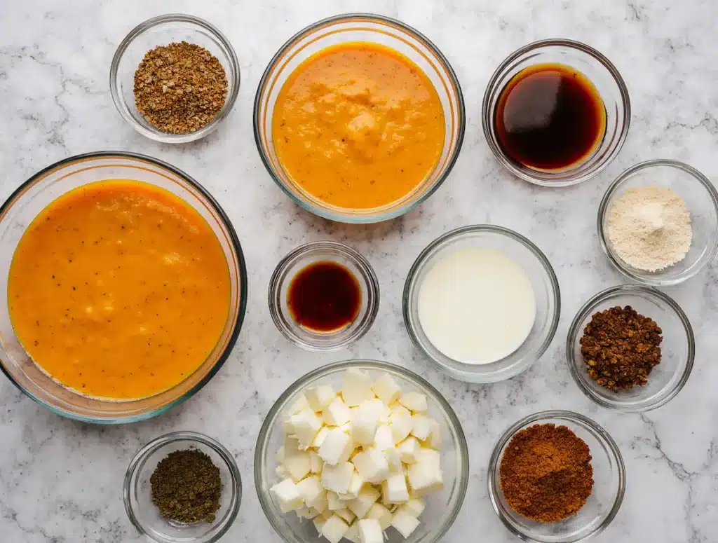 Ingredients for easy pumpkin soup including canned pumpkin, onion, and spices.