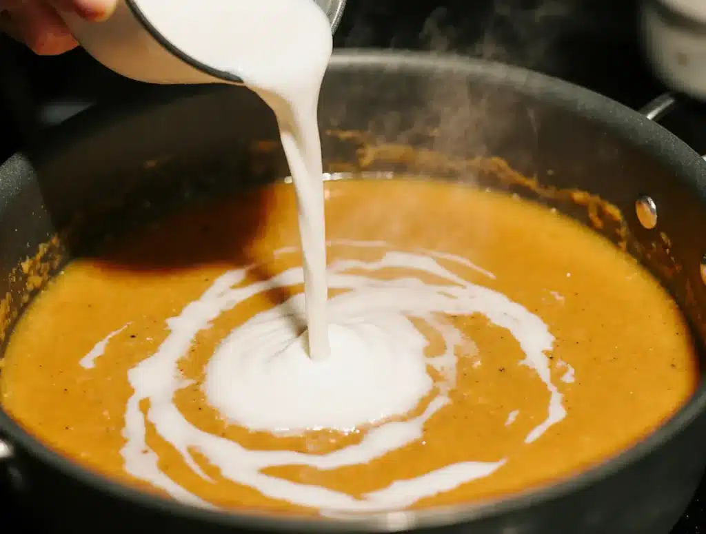 Adding a swirl of cream to a pot of easy pumpkin soup.