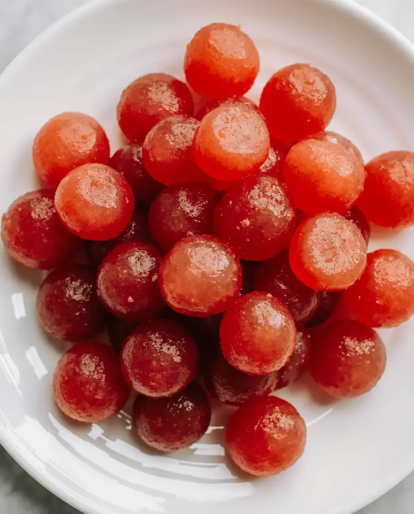 A plate of freshly made healthy watermelon gummies ready to eat.