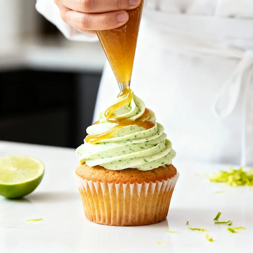 Piping Mānuka honey frosting onto the kiwi cupcake recipe NZ.
