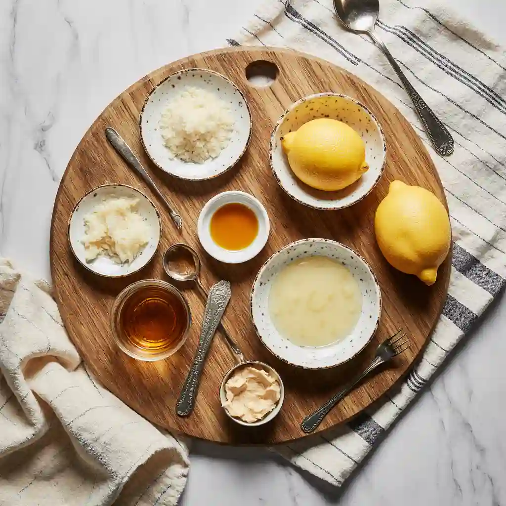 Organized display of gelatin diet recipe ingredients including unflavored gelatin, lemons, honey, and measuring spoons