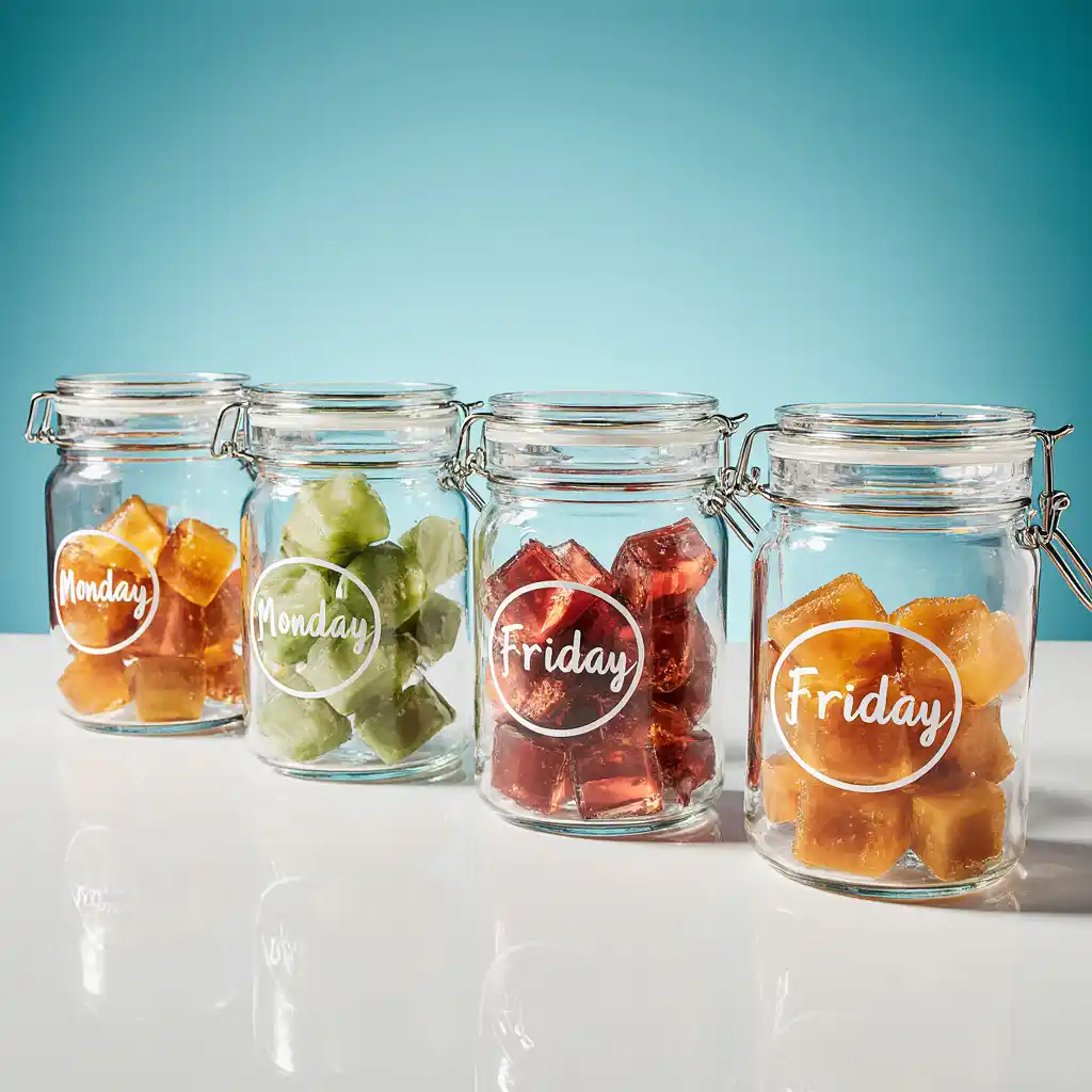 Five glass meal prep containers filled with gelatin diet recipe cubes labeled for each weekday
