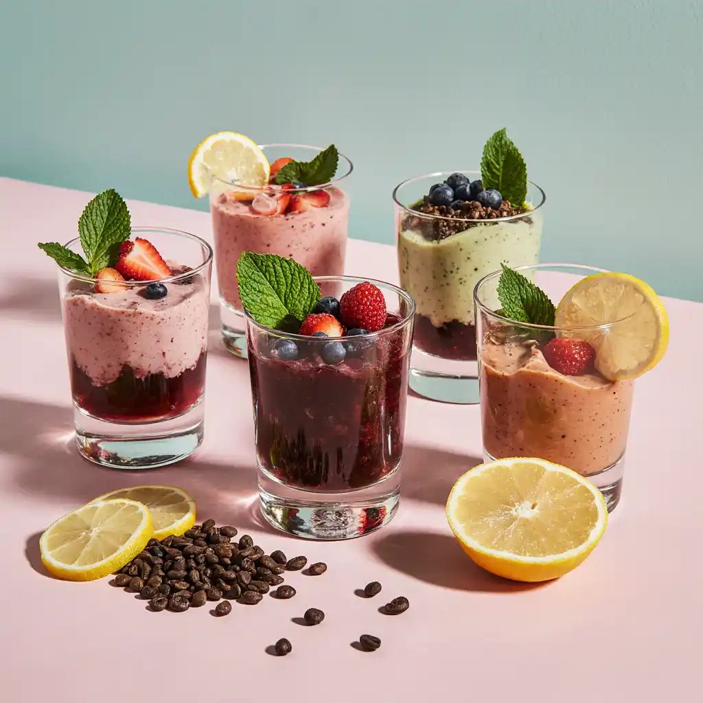 Seven different colored gelatin diet recipe variations in small glass bowls showing berry, green tea, coffee, and citrus flavors