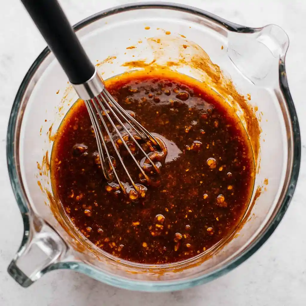 Whisking chili paste, soy, honey, and rice vinegar in a glass bowl