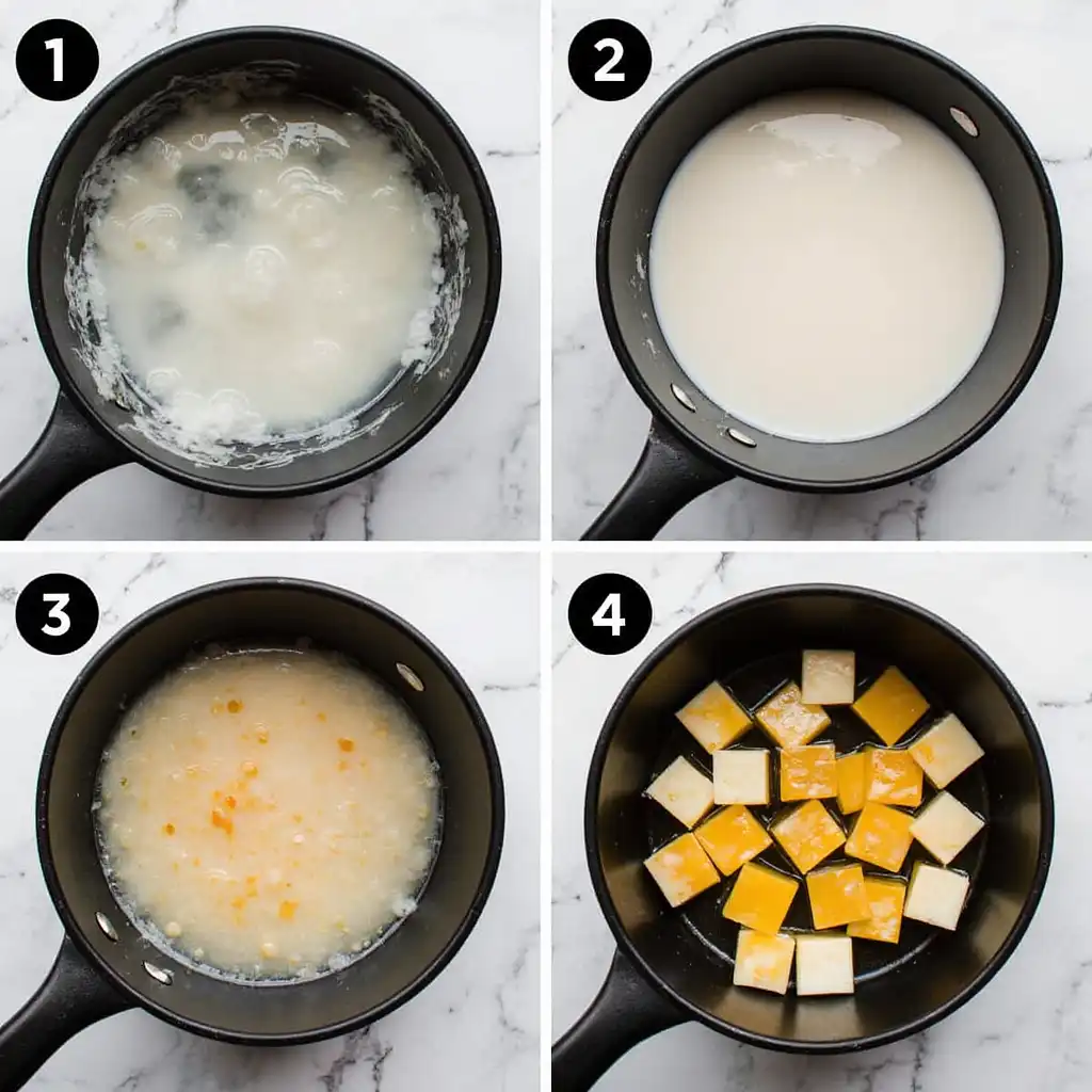 Four-step visual guide showing gelatin blooming, mixing, pouring, and final gelatin diet recipe cubes
