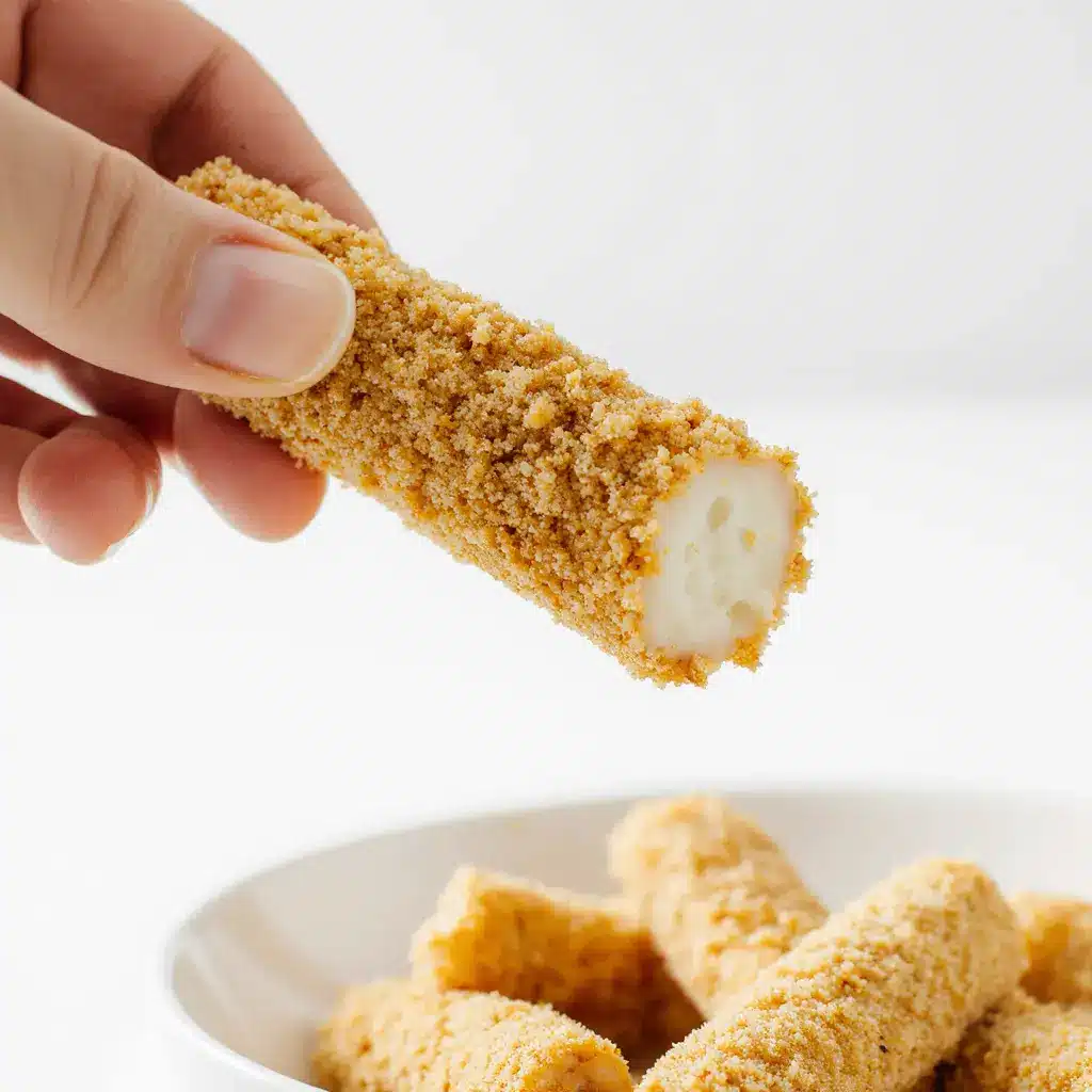 how-to-make-halloumi-fries A hand coating a stick of halloumi in panko breadcrumbs to make halloumi fries.